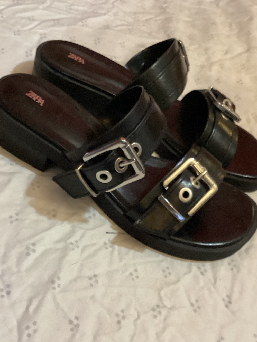 Zara Black Double-Buckle Slide Mules